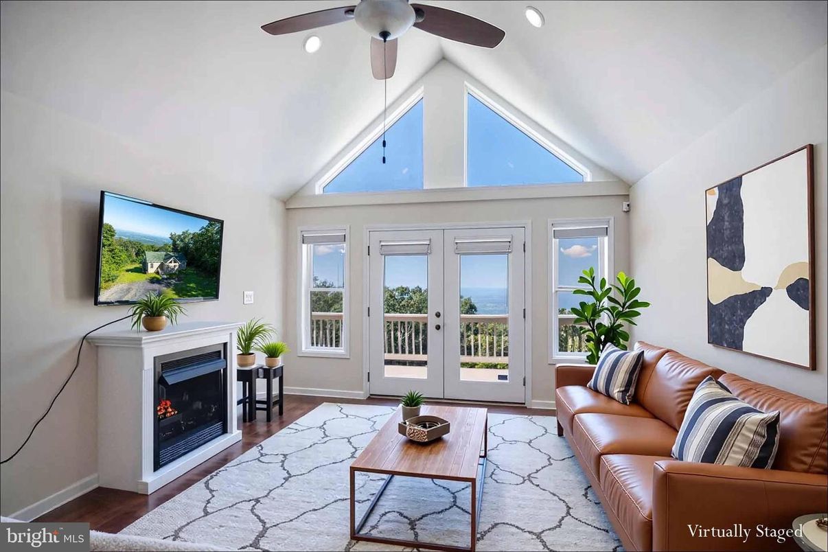 Fireplace, Interior, Living room, Recessed Lighting, Water, Wood Texture Flooring