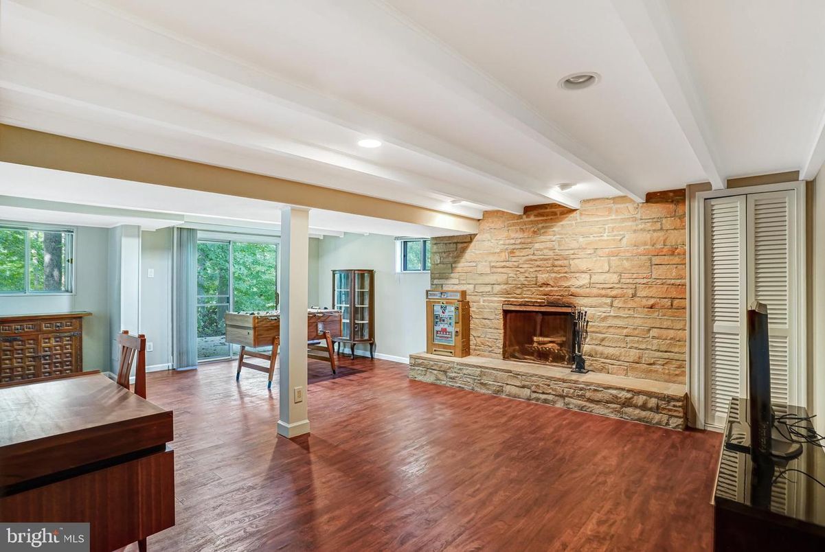 Fireplace, Interior, Recessed Lighting, Stone Walls, Wood Texture Flooring