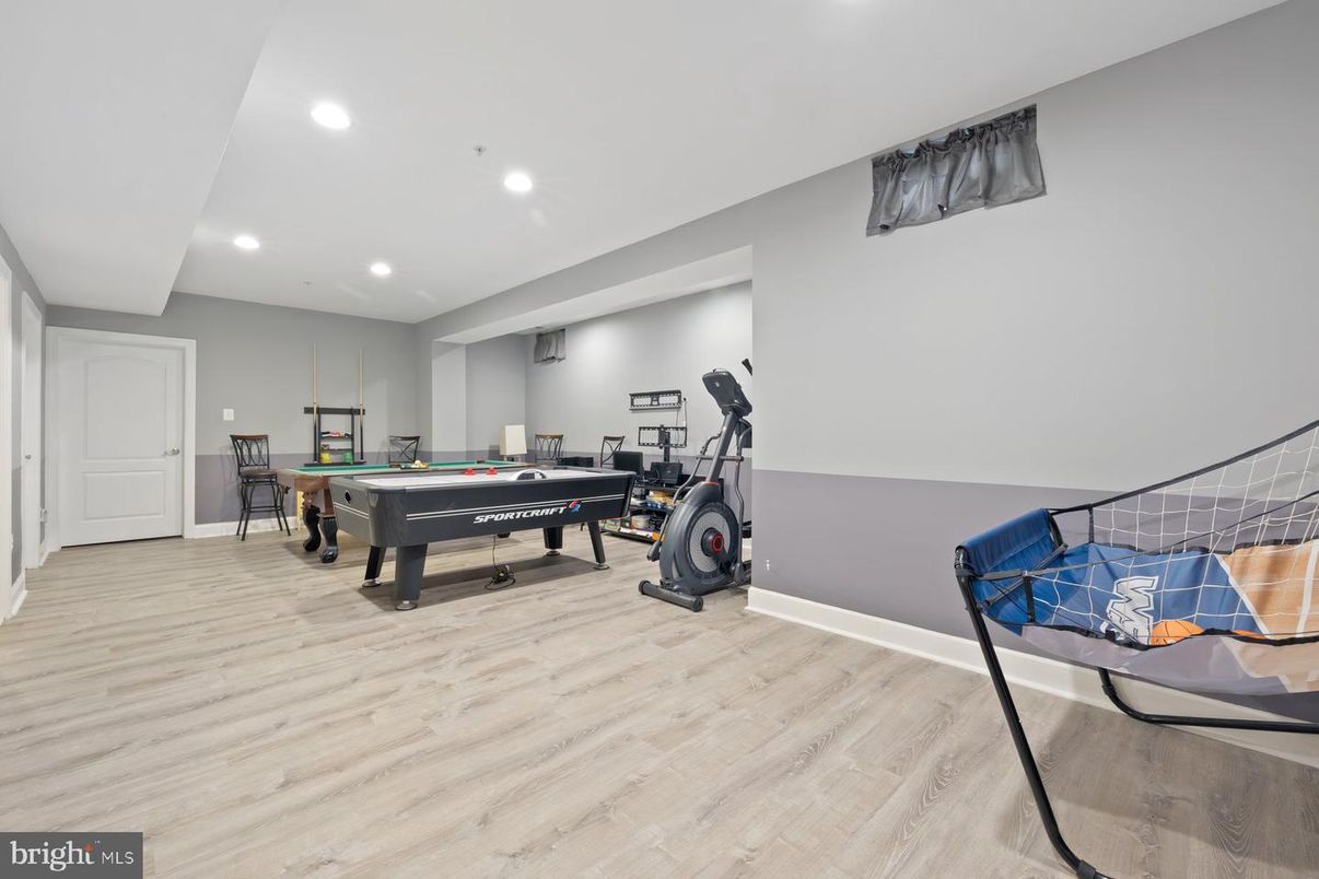 Billiard Table, Fitness Equipment, Game Room, Interior, Recessed Lighting, Wood Texture Flooring