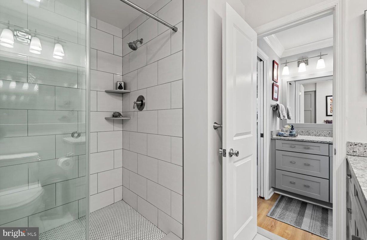 Bathroom, Glass Shower, Interior, Wood Texture Flooring