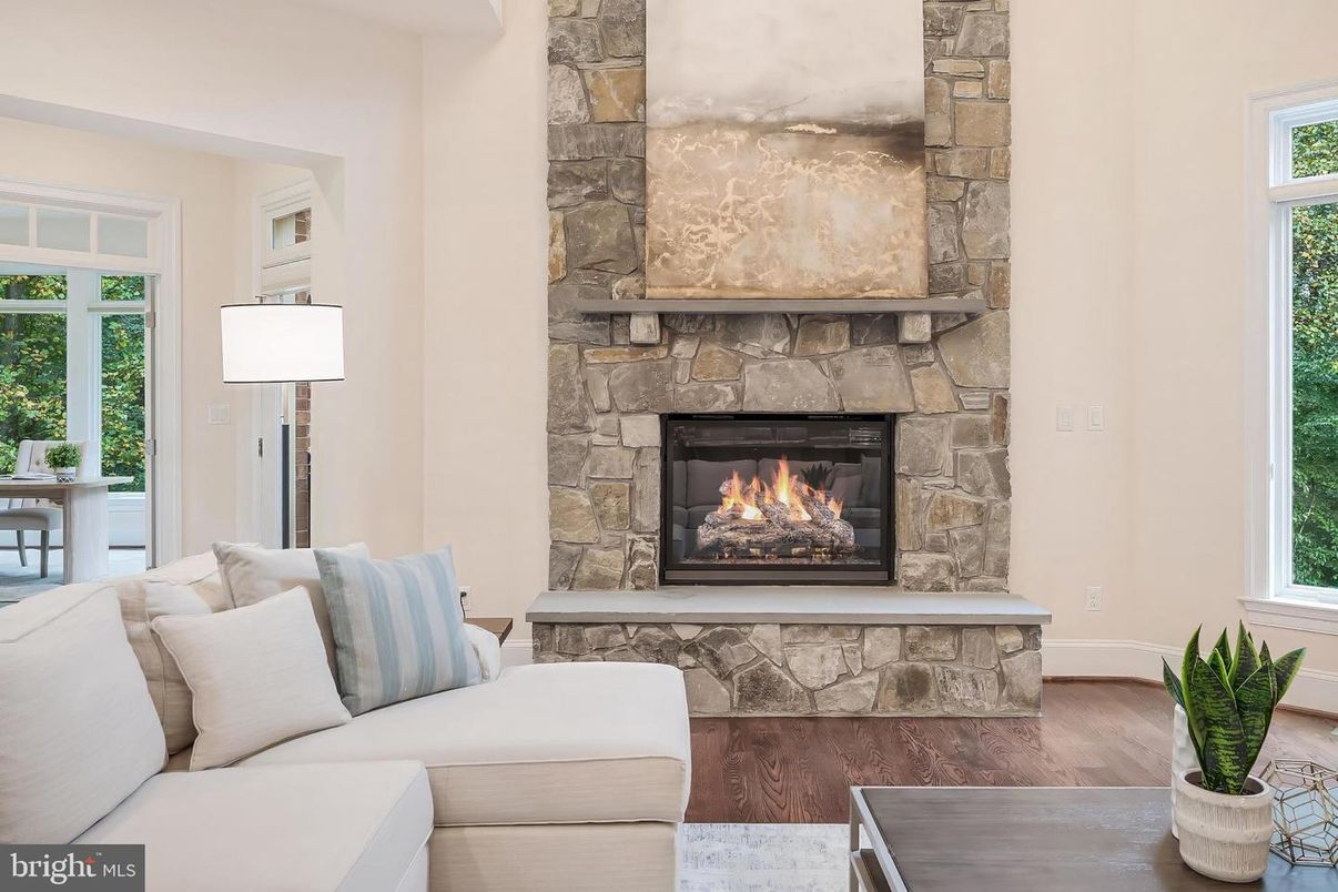 Fireplace, Interior, Living room, Stone Walls, Wood Texture Flooring