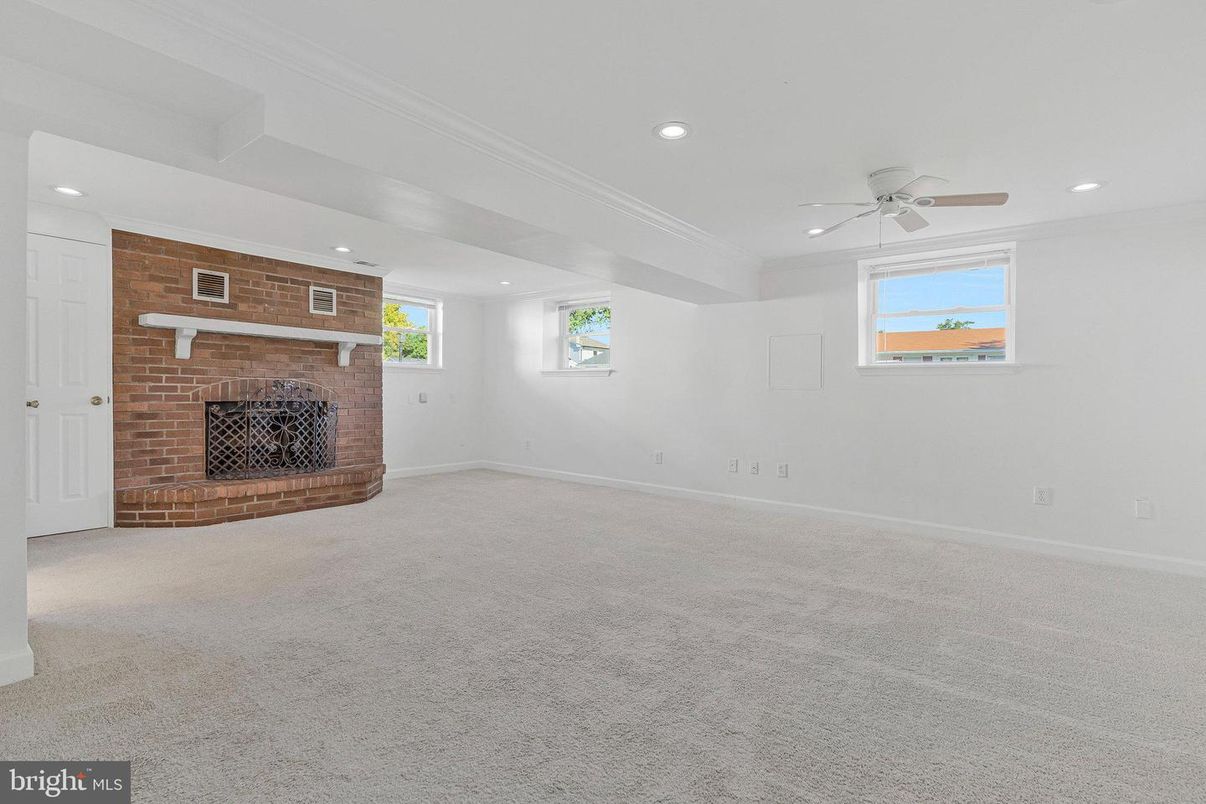 Empty room, Fireplace, Interior, Recessed Lighting, Stone Walls