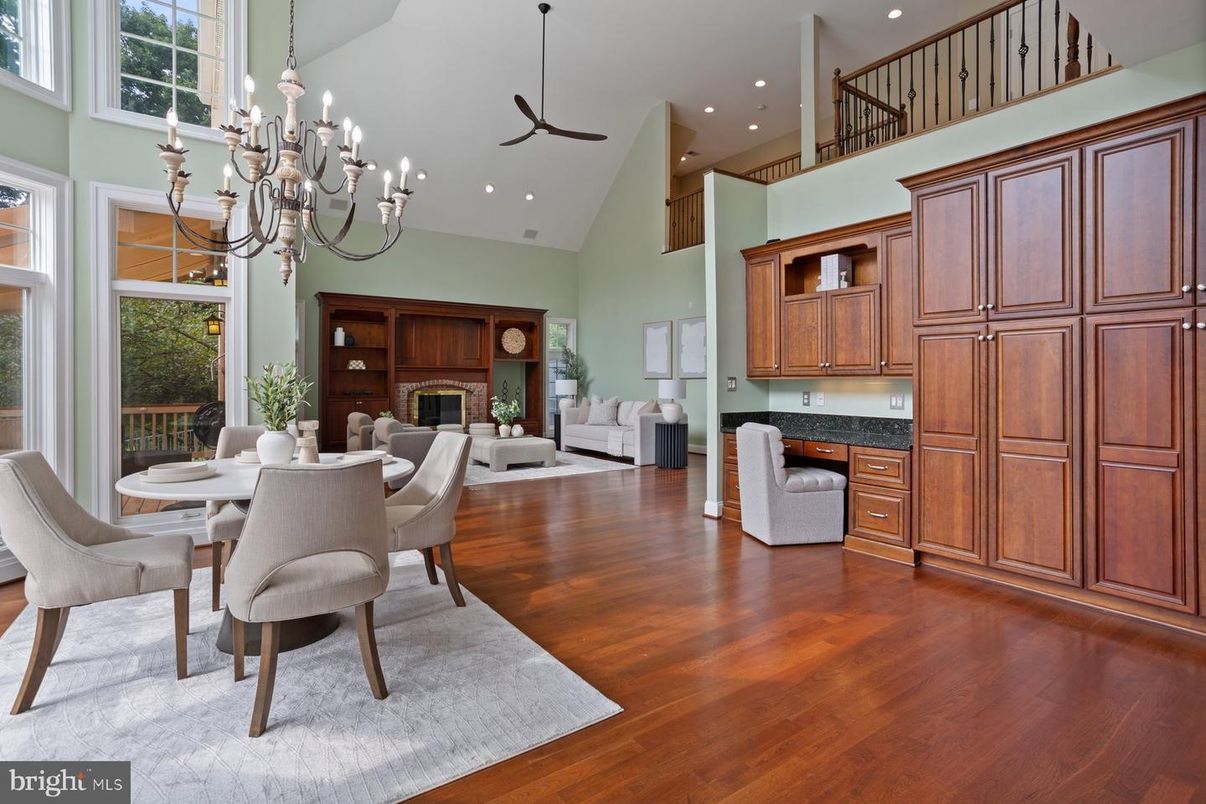 Chandelier, Dining room, Fireplace, Interior, Living room, Recessed Lighting, Wood Texture Flooring