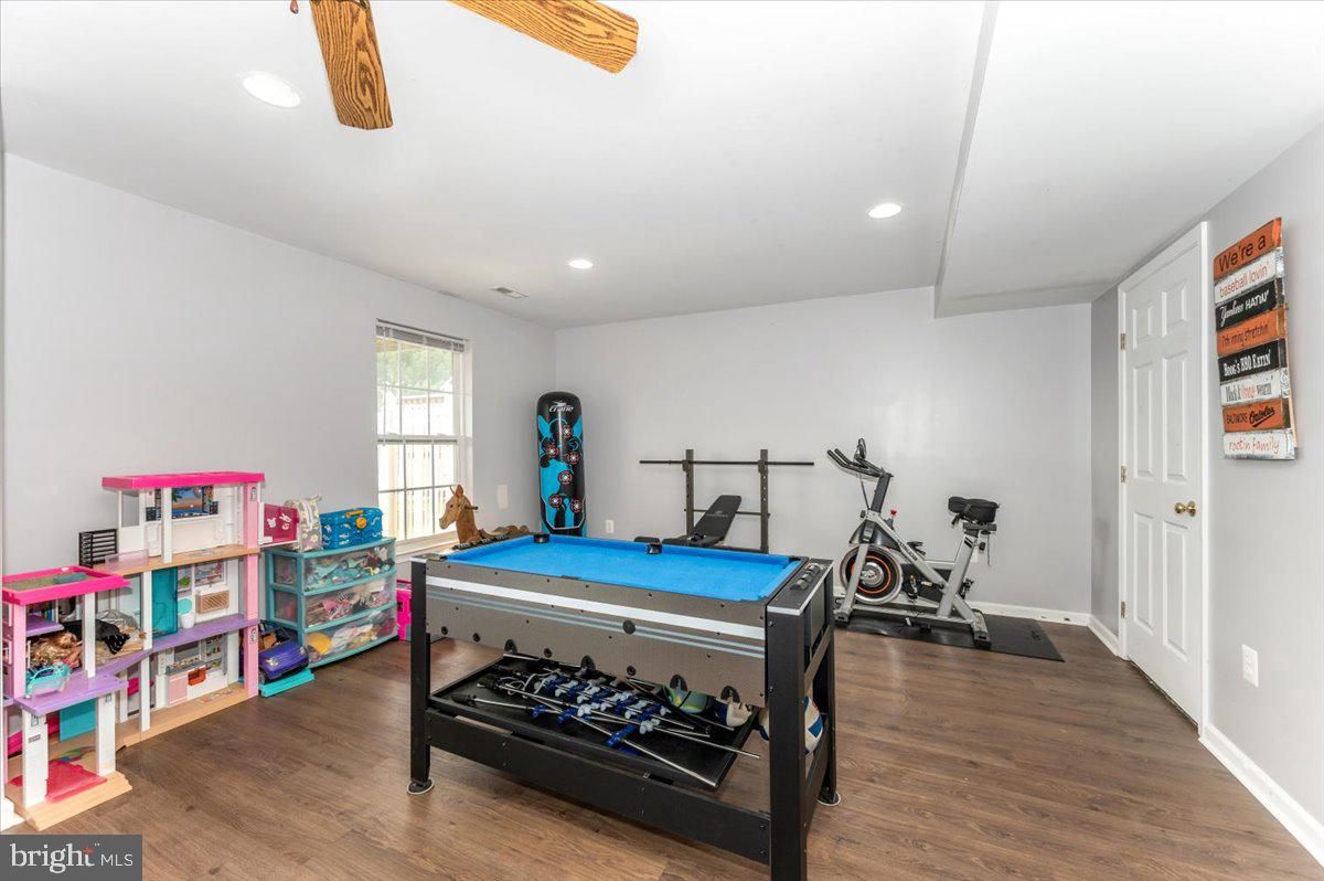 Billiard Table, Fitness Equipment, Game Room, Interior, Recessed Lighting, Wood Texture Flooring