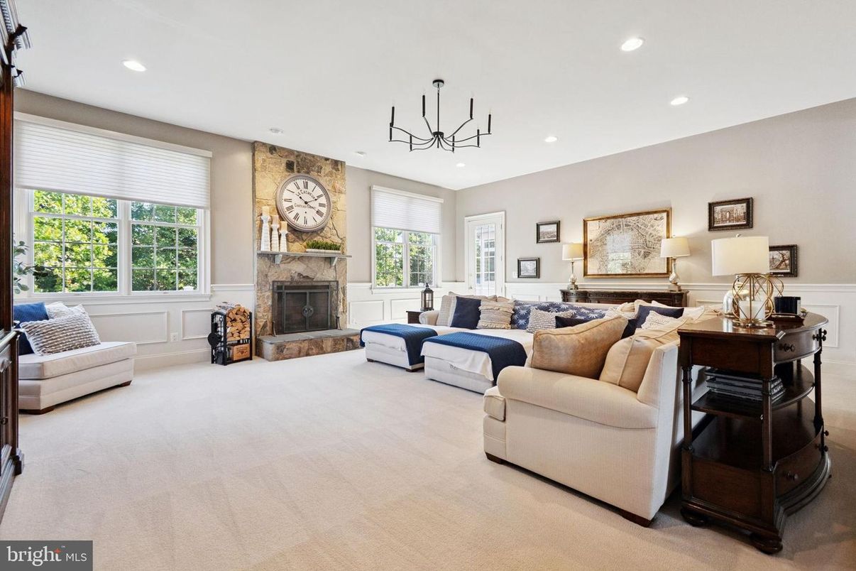 Fireplace, Interior, Living room, Recessed Lighting, Stone Walls