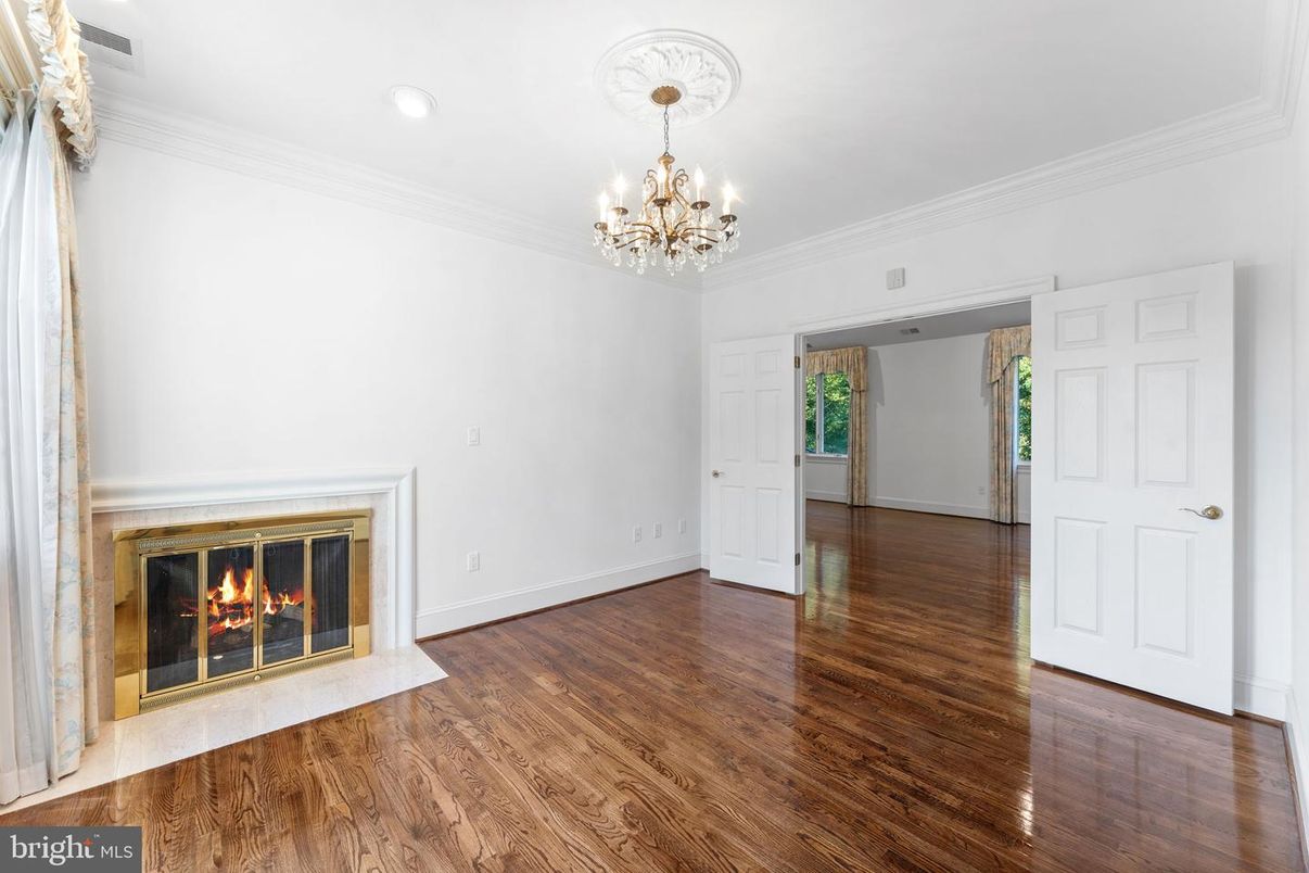 Chandelier, Empty room, Fireplace, Interior, Wood Texture Flooring