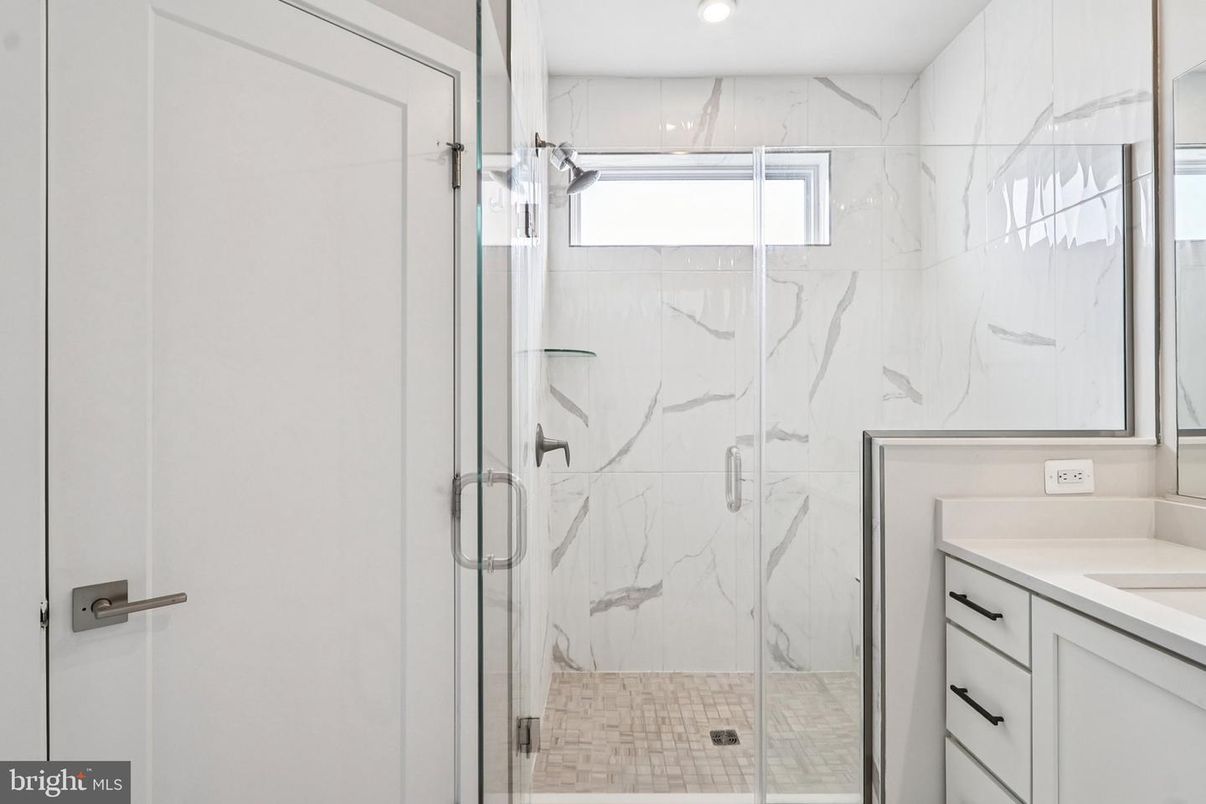 Bathroom, Glass Shower, Interior, Marble Walls, Recessed Lighting
