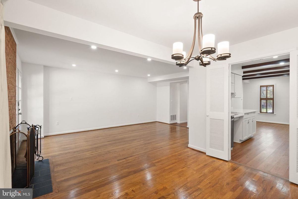 Chandelier, Empty room, Interior, Kitchen, Pendant Lights, Recessed Lighting, Wood Texture Flooring