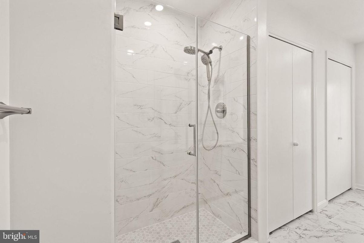 Bathroom, Glass Shower, Interior, Marble, Marble Walls, Recessed Lighting