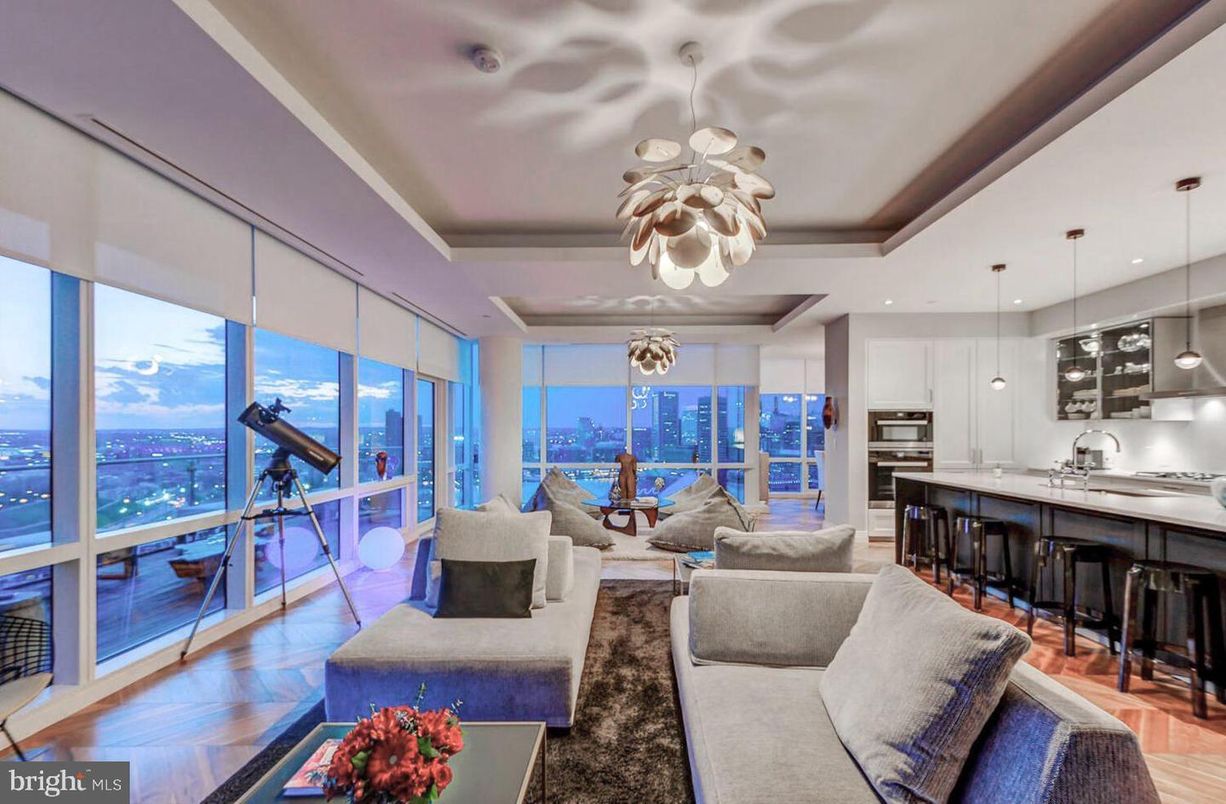 Interior, Kitchen, Living room, Pendant Lights, Recessed Lighting, Stainless Steel Appliances, Water, Wood Texture Flooring