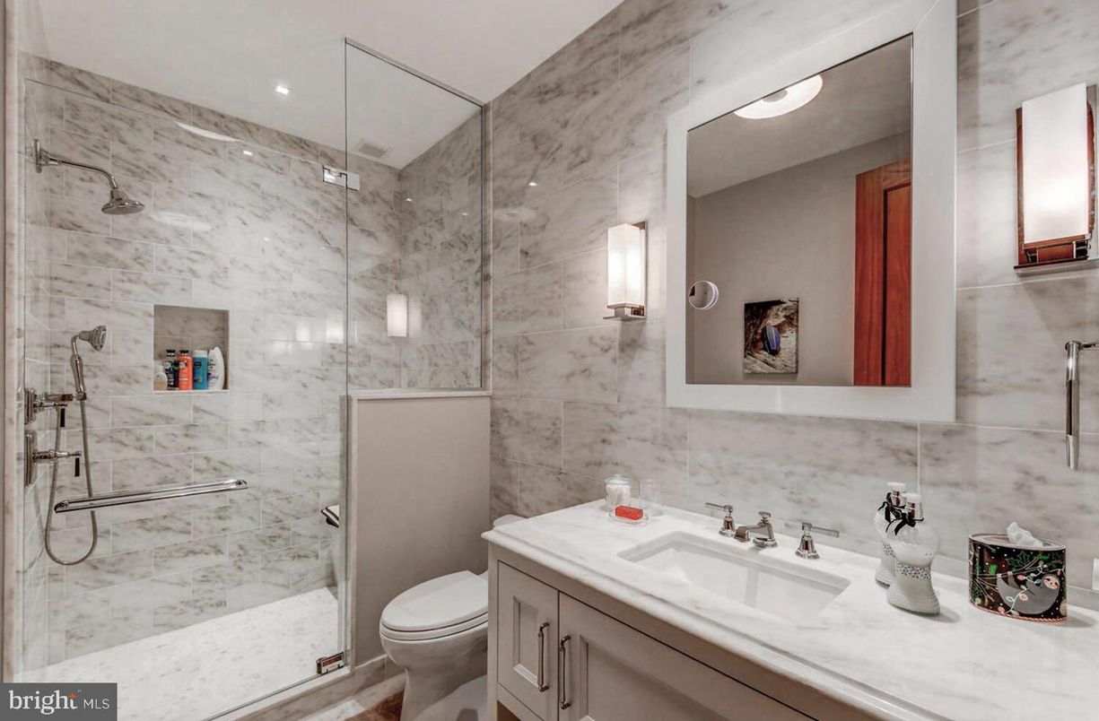 Bathroom, Glass Shower, Interior, Marble Walls, Recessed Lighting