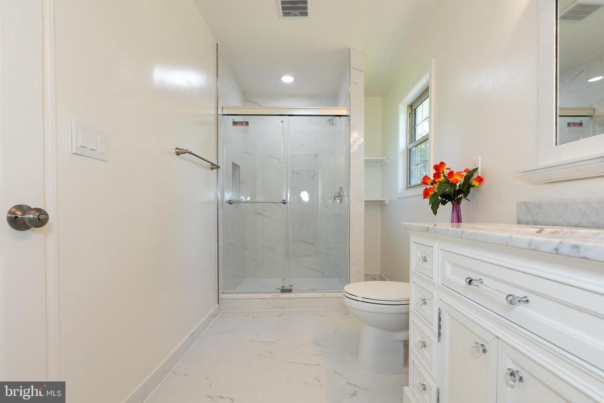 Bathroom, Glass Shower, Interior, Marble, Marble Walls, Recessed Lighting