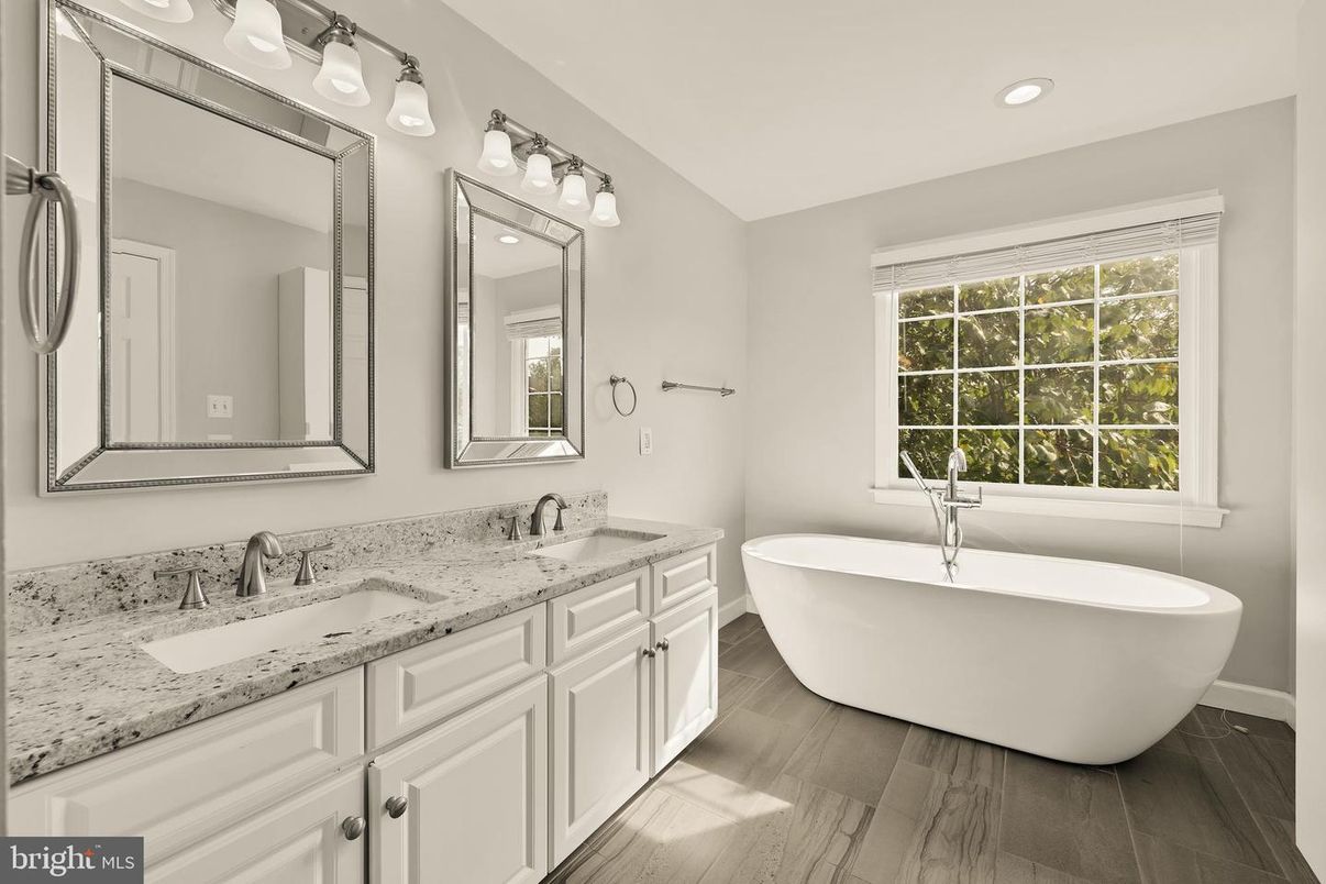 Bathroom, Dual Sink Vanities, Free Standing Baths, Interior, Recessed Lighting, Wood Texture Flooring