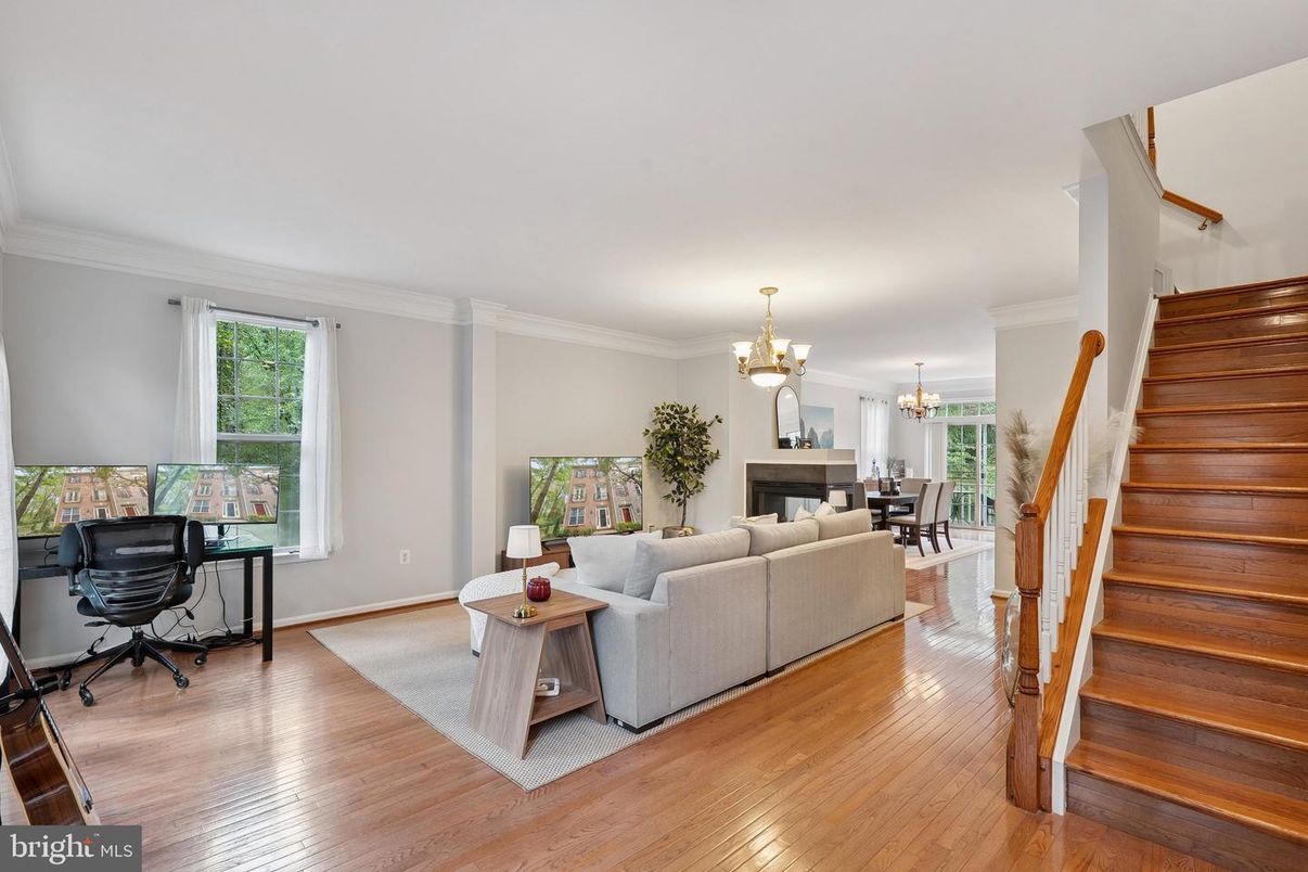 Chandelier, Dining room, Fireplace, Interior, Living room, Wood Texture Flooring