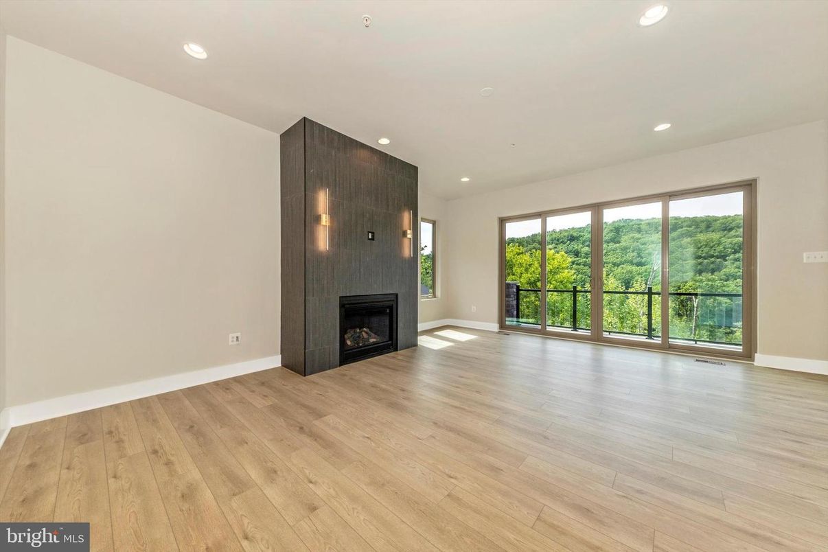 Empty room, Fireplace, Interior, Recessed Lighting, Wood Texture Flooring