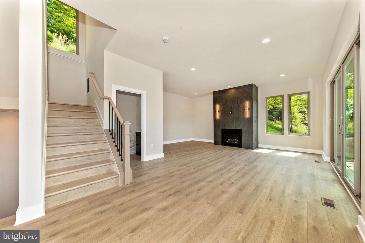 Empty room, Fireplace, Interior, Recessed Lighting, Wood Texture Flooring
