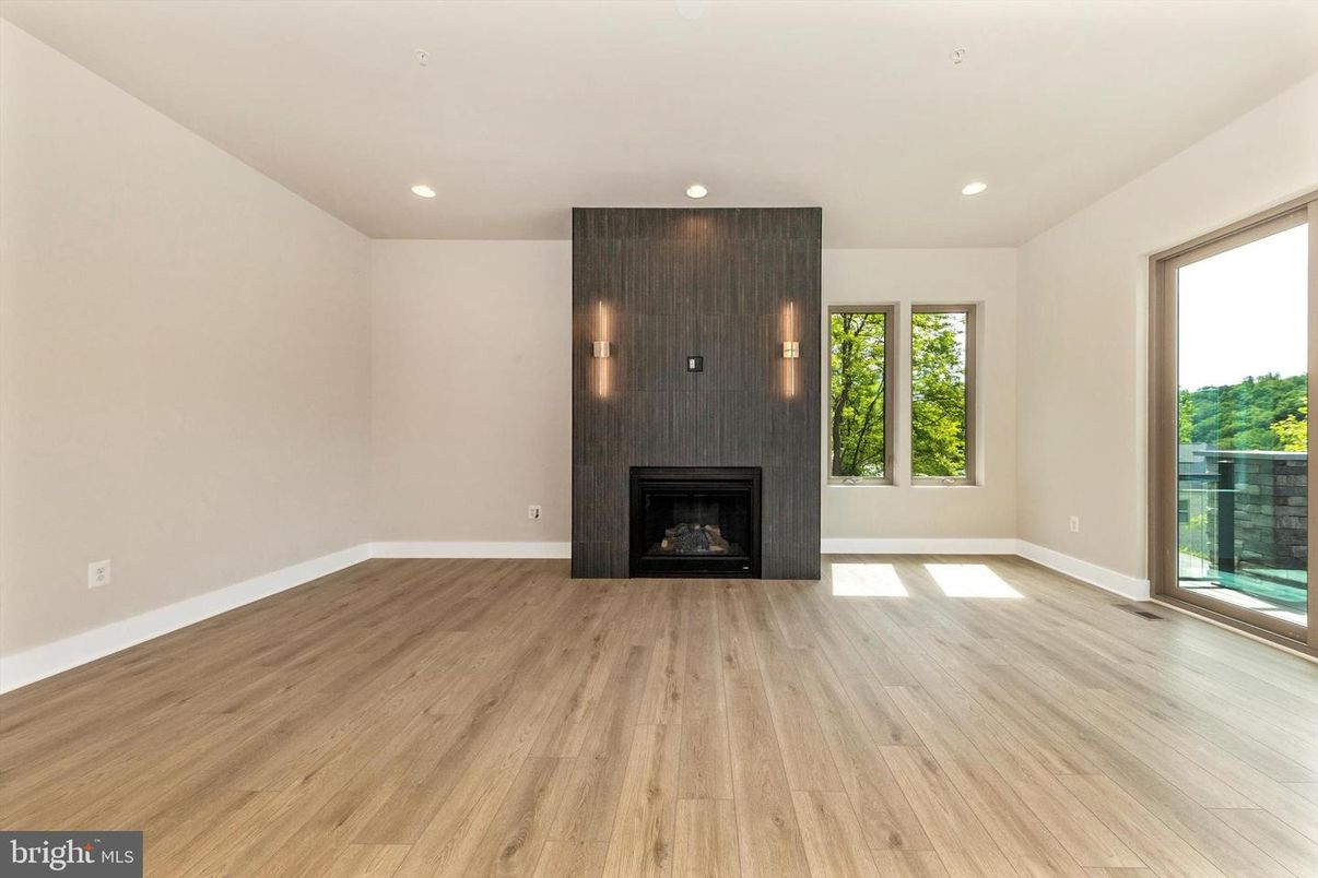 Empty room, Fireplace, Interior, Recessed Lighting, Wood Texture Flooring