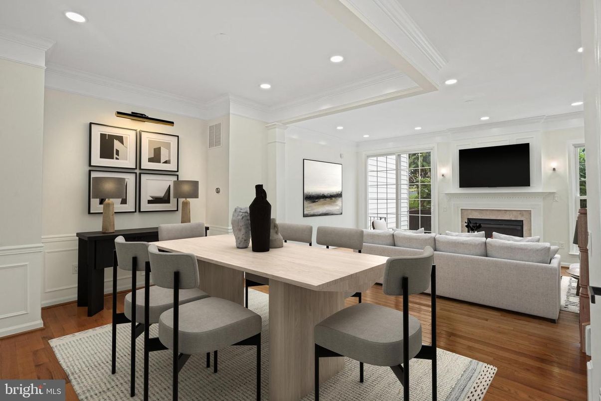 Dining room, Fireplace, Interior, Living room, Recessed Lighting, Wood Texture Flooring