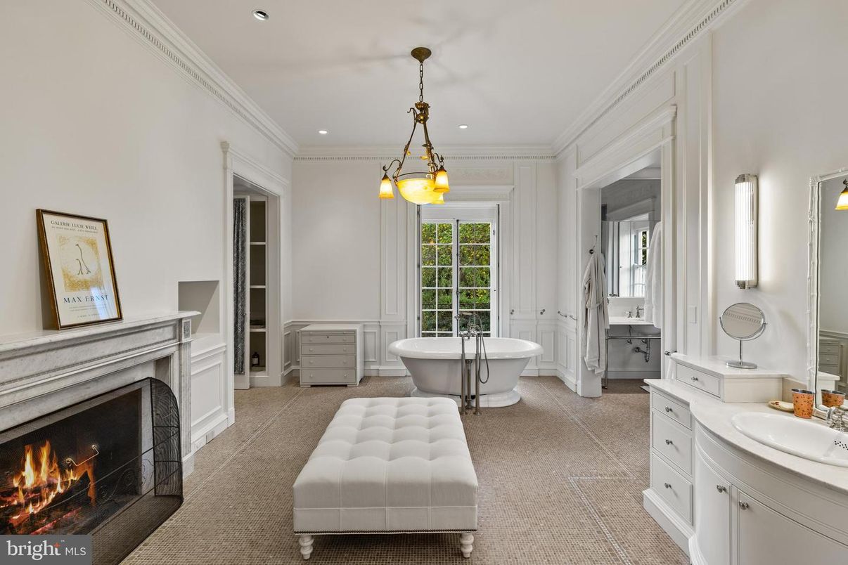 Bathroom, Dual Sink Vanities, Fireplace, Free Standing Baths, Interior, Pendant Lights, Recessed Lighting