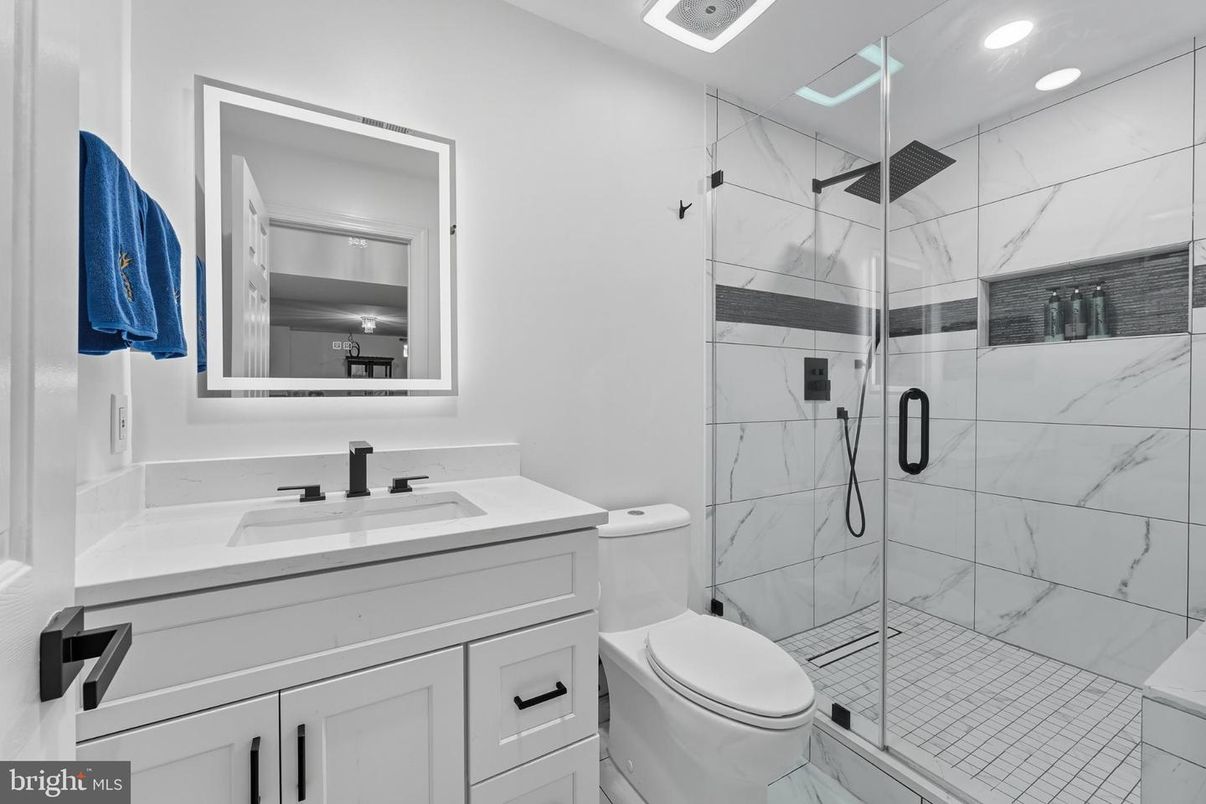 Bathroom, Glass Shower, Interior, Marble Walls, Recessed Lighting