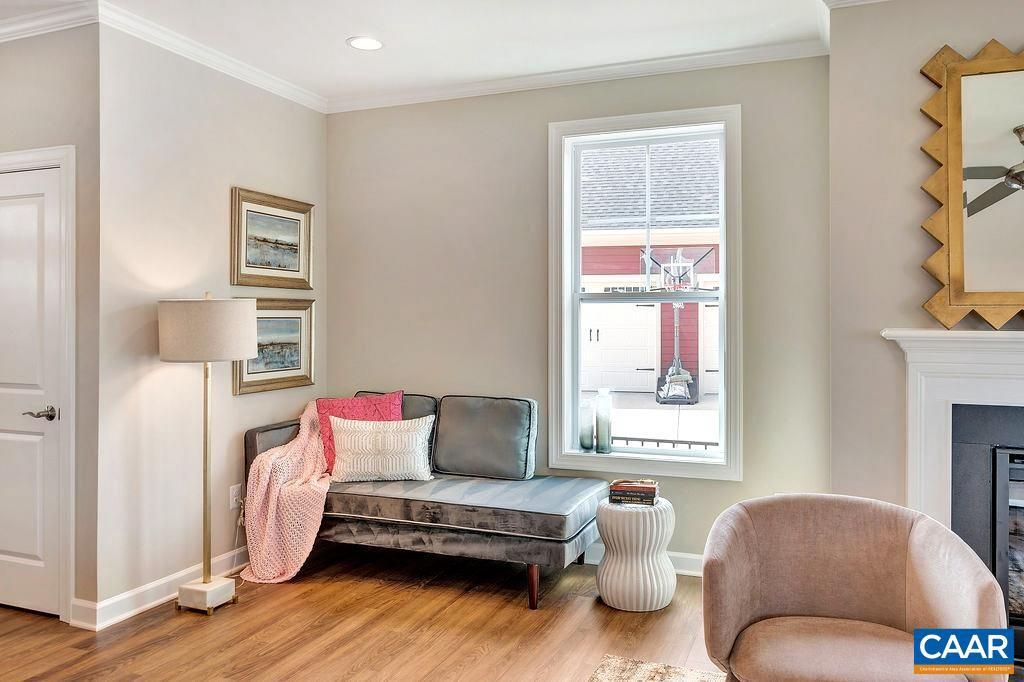 Bedroom, Fireplace, Interior, Recessed Lighting, Wood Texture Flooring