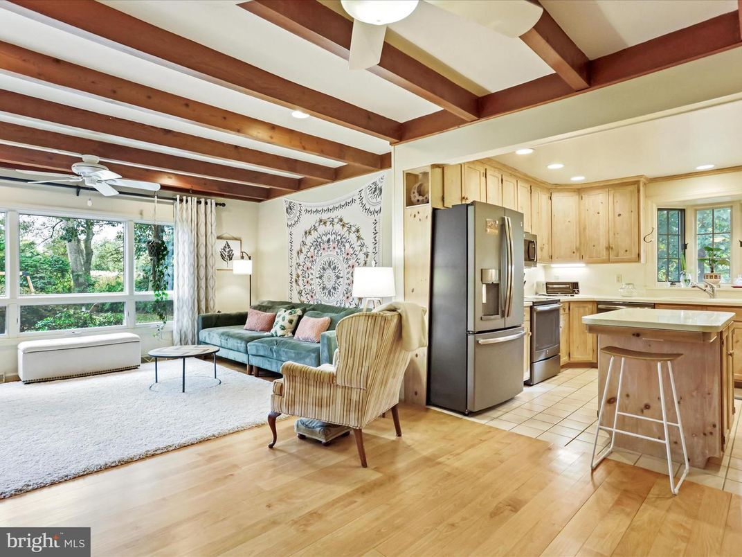 Interior, Kitchen, Living room, Recessed Lighting, Stainless Steel Appliances, Wooden Beams, Wood Texture Flooring