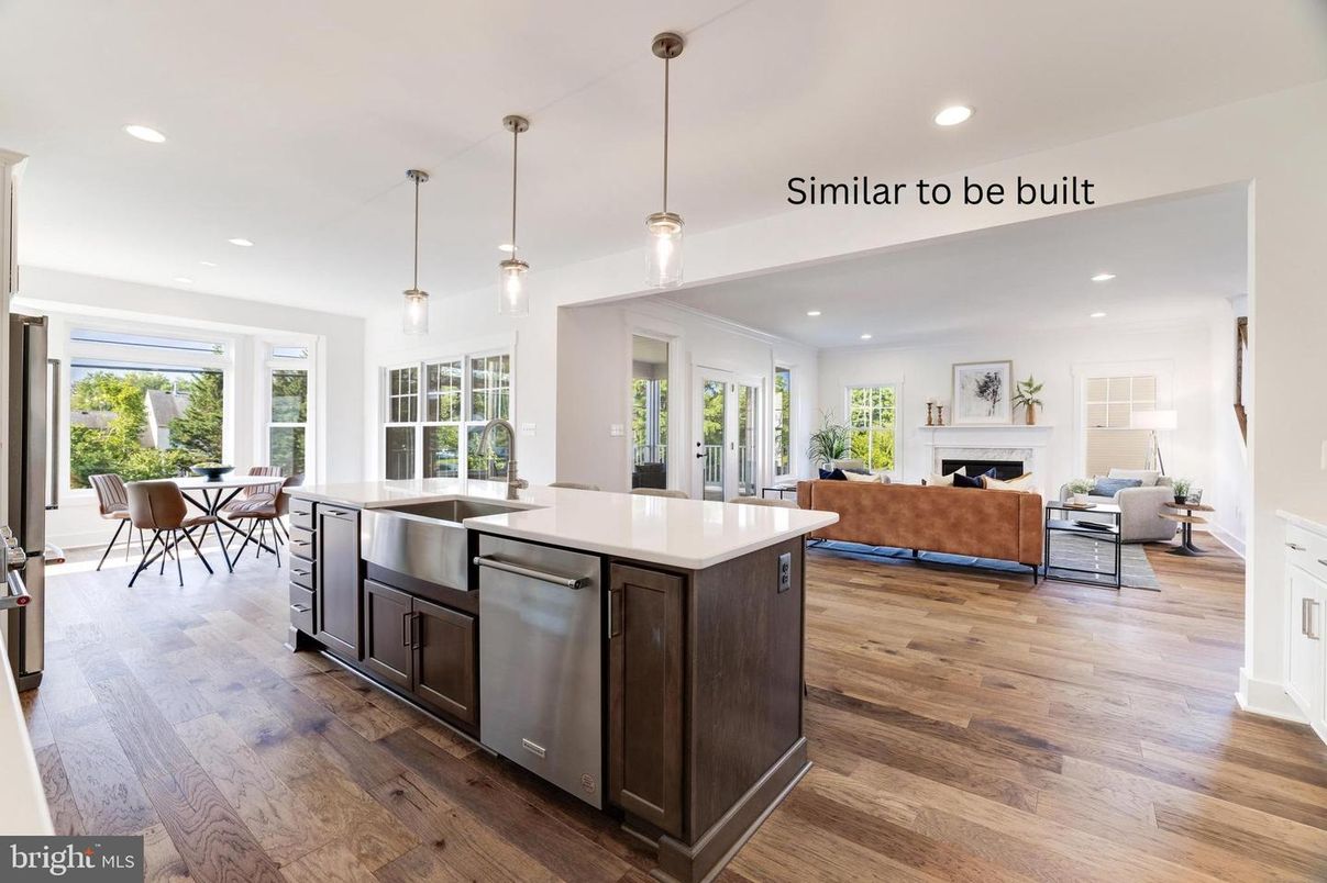 Dining room, Fireplace, Interior, Kitchen, Living room, Pendant Lights, Recessed Lighting, Stainless Steel Appliances, Wood Texture Flooring