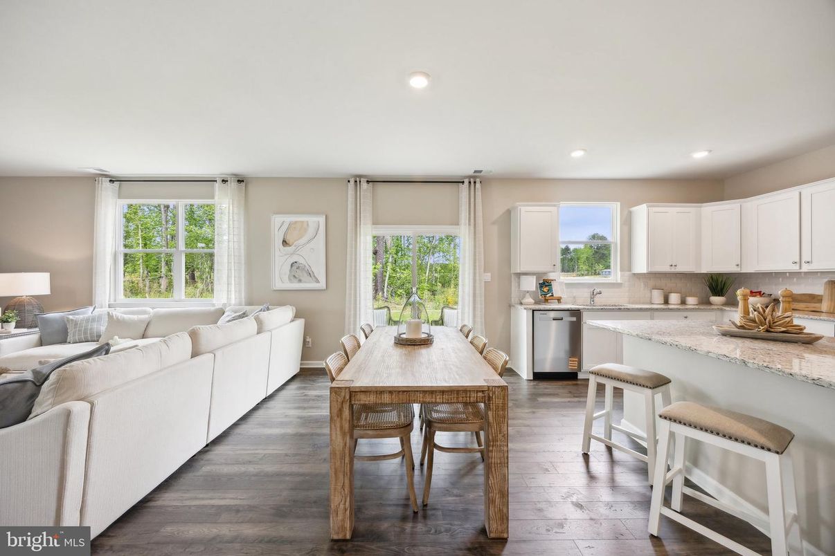 Dining room, Interior, Kitchen, Living room, Recessed Lighting, Wood Texture Flooring