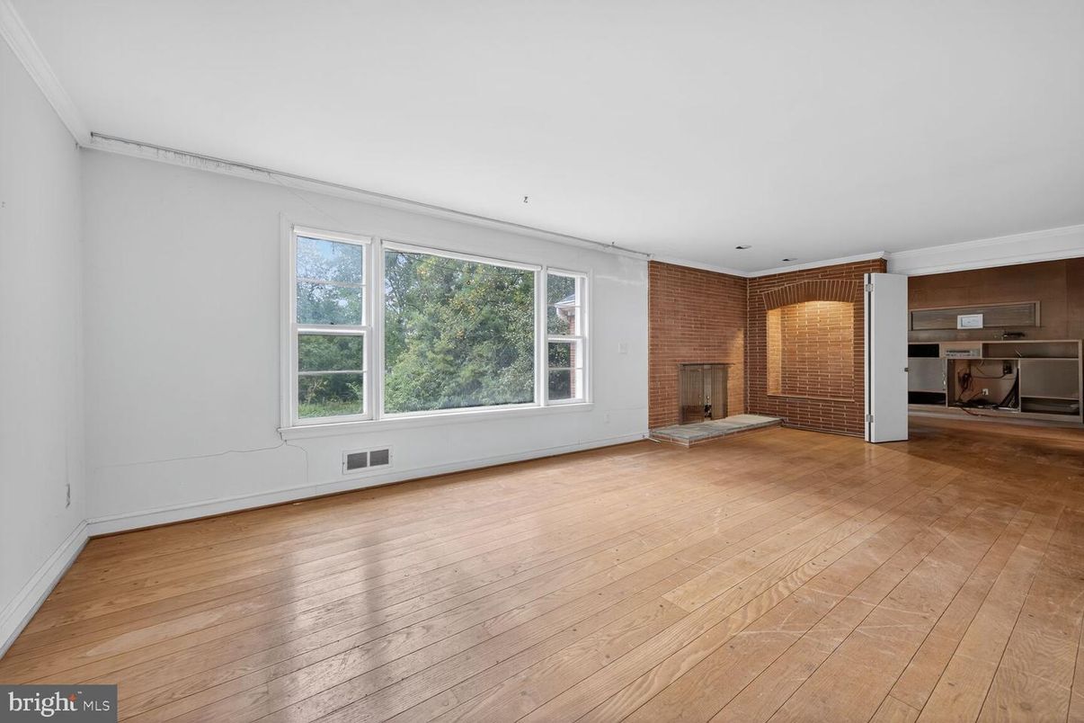 Empty room, Fireplace, Interior, Stone Walls, Wood Texture Flooring