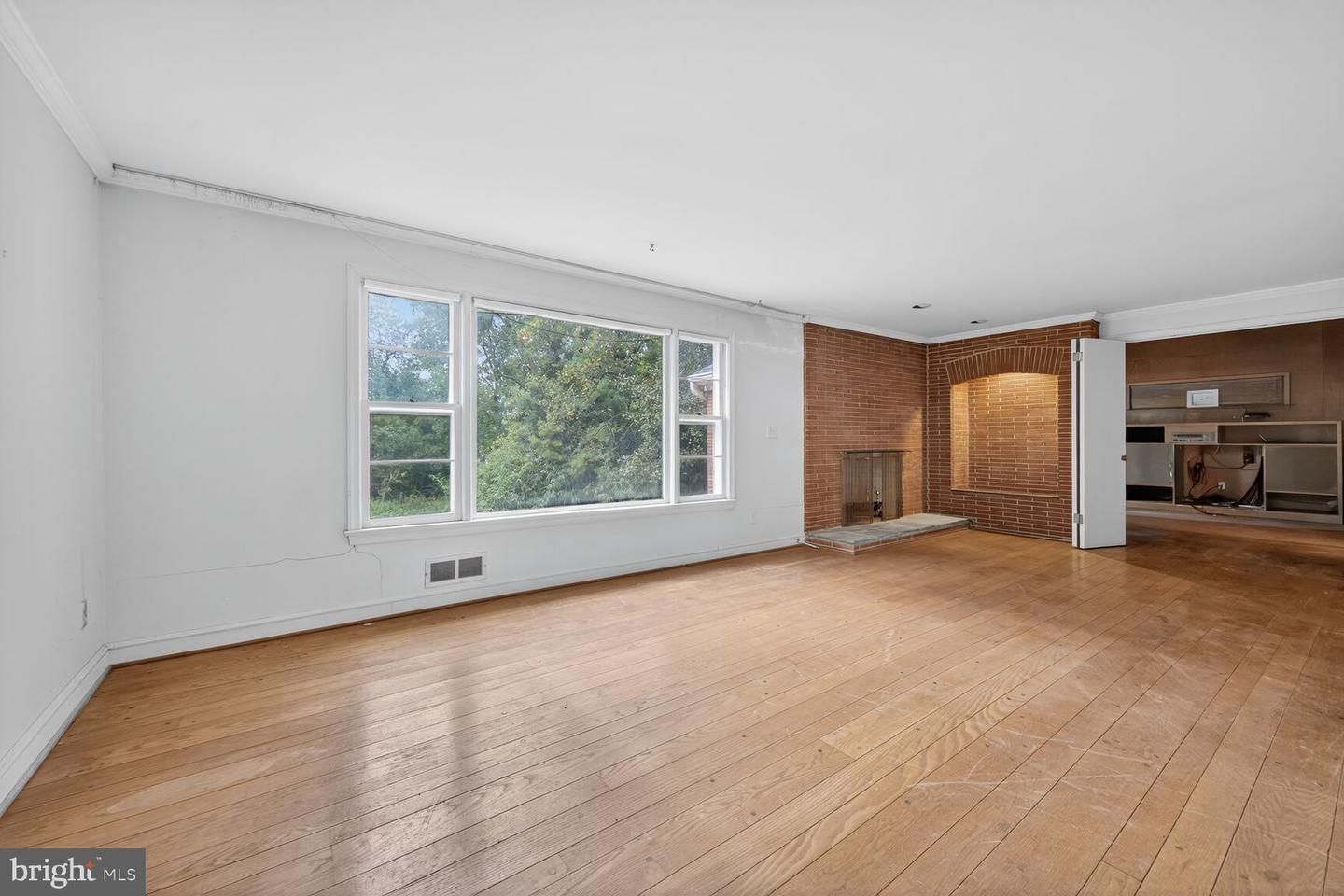 Empty room, Fireplace, Interior, Stone Walls, Wood Texture Flooring