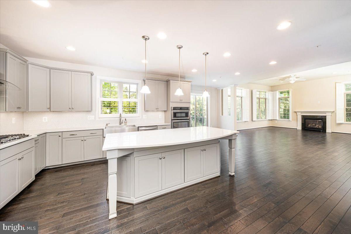 Fireplace, Interior, Kitchen, Pendant Lights, Recessed Lighting, Stainless Steel Appliances, Wood Texture Flooring