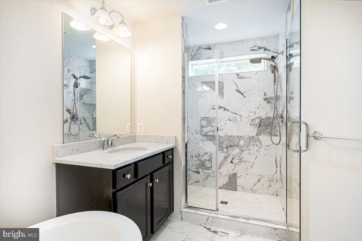 Bathroom, Glass Shower, Interior, Marble, Marble Walls, Recessed Lighting