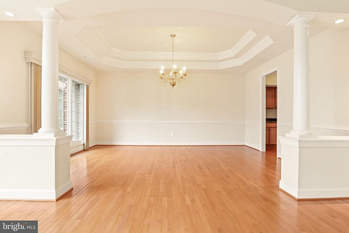 Chandelier, Empty room, Interior, Recessed Lighting, Wood Texture Flooring