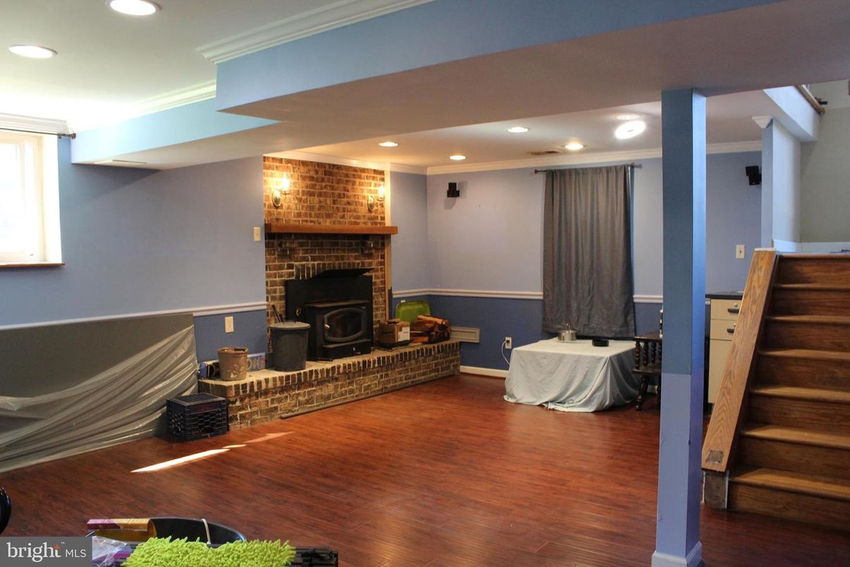 Fireplace, Interior, Recessed Lighting, Stone Walls, Wood Texture Flooring