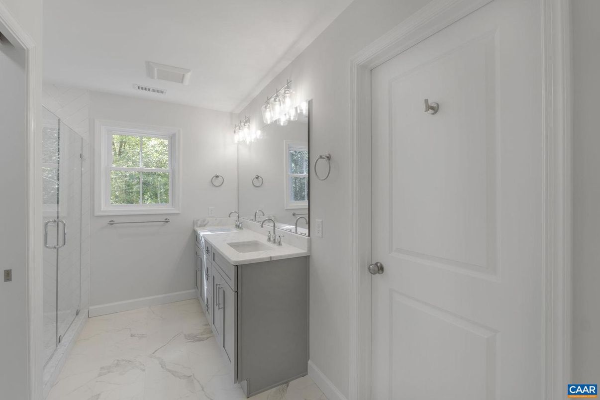 Bathroom, Dual Sink Vanities, Glass Shower, Interior, Marble