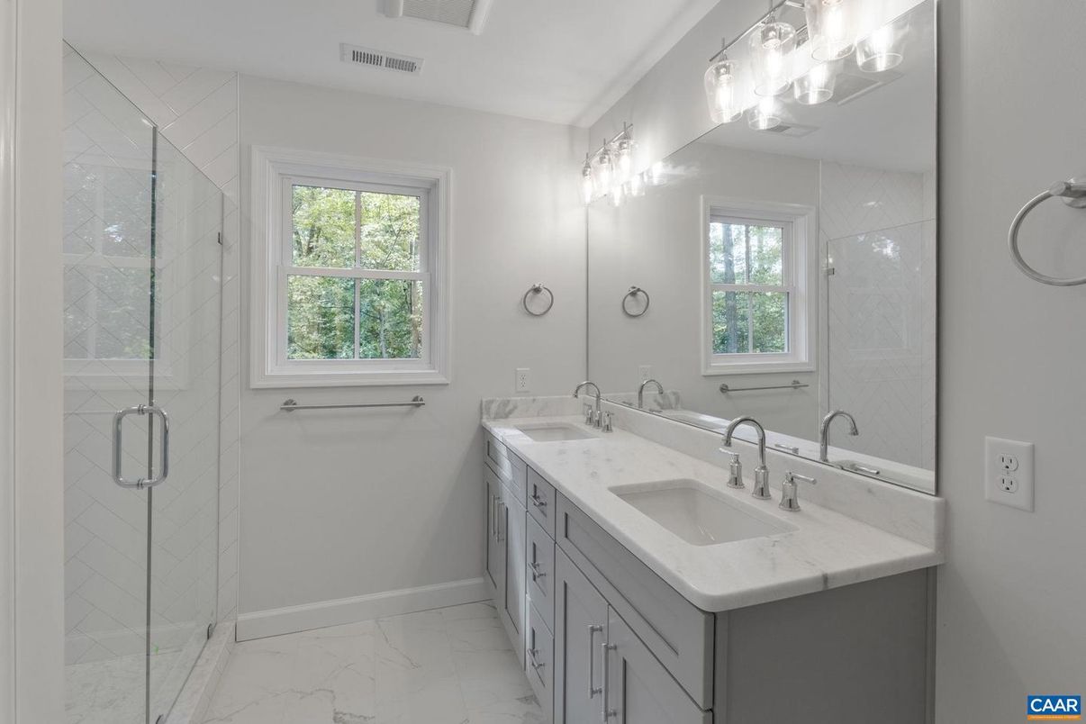 Bathroom, Dual Sink Vanities, Glass Shower, Interior, Marble