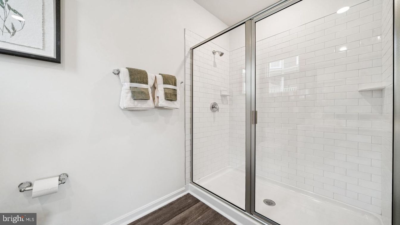 Bathroom, Glass Shower, Interior, Recessed Lighting, Wood Texture Flooring