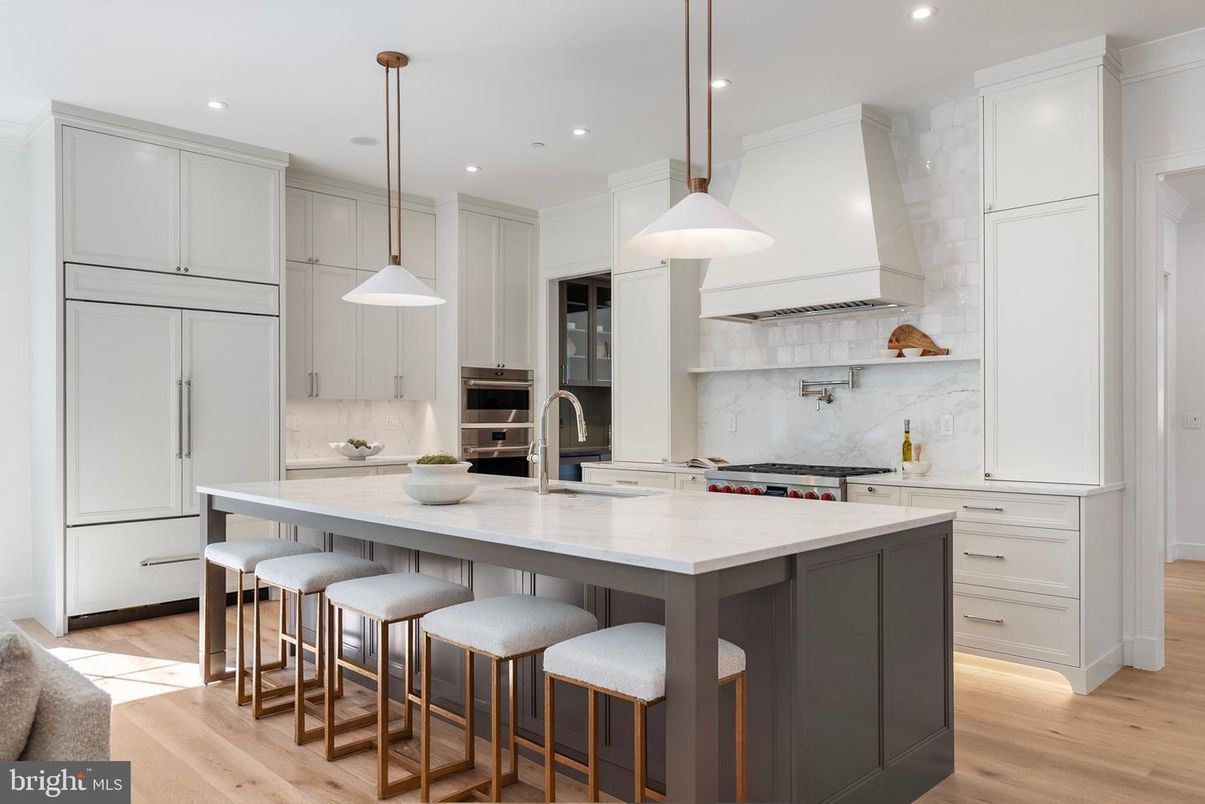 Interior, Kitchen, Marble Walls, Pendant Lights, Recessed Lighting, Stainless Steel Appliances, Wood Texture Flooring