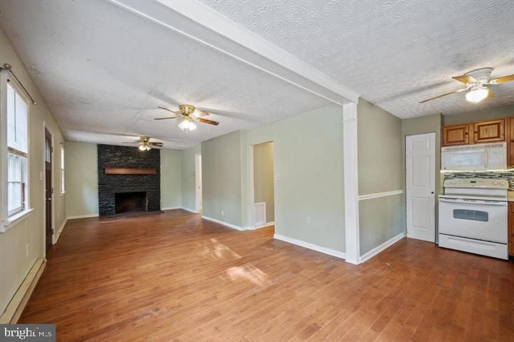Empty room, Fireplace, Interior, Kitchen, Wood Texture Flooring
