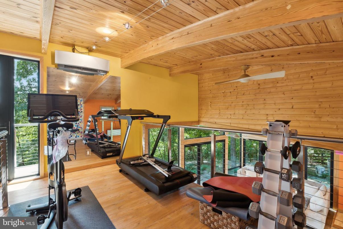 Fitness Equipment, Interior, Stone Walls, Wooden Beams, Wooden Ceilings, Wood Texture Flooring