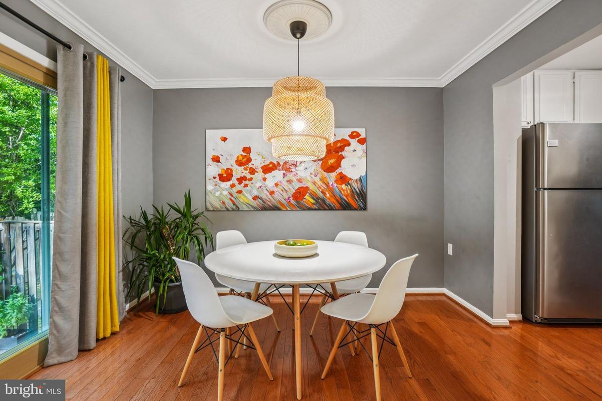 Dining room, Interior, Pendant Lights, Wood Texture Flooring