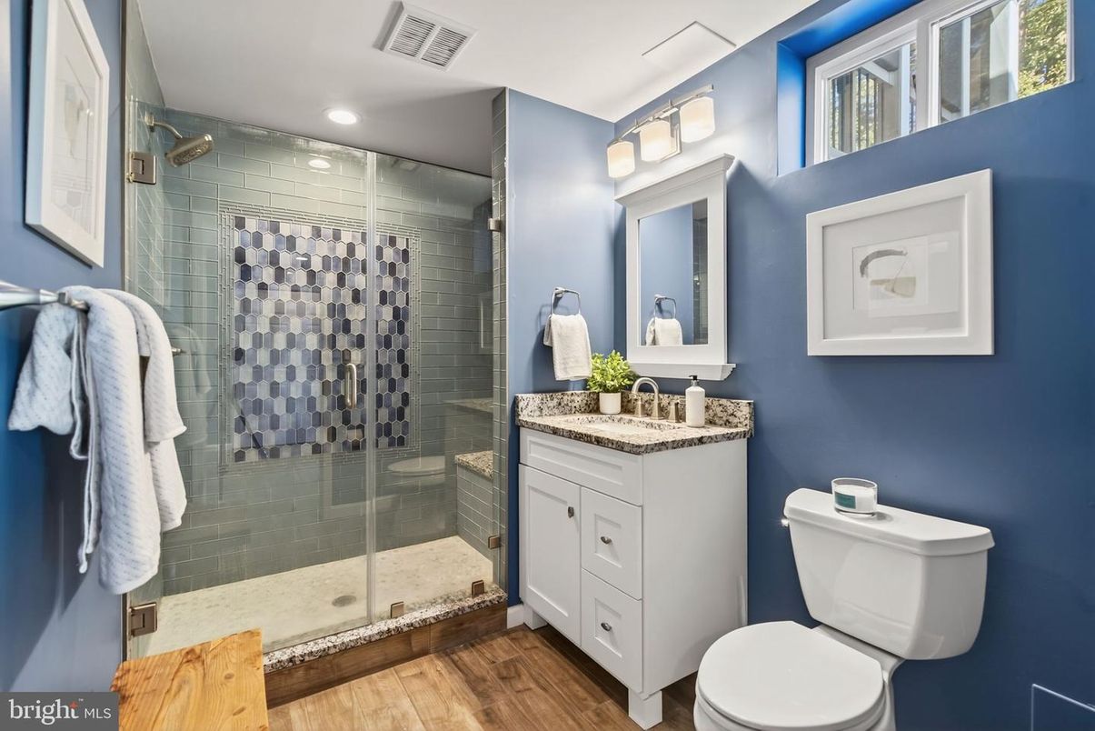 Bathroom, Glass Shower, Interior, Recessed Lighting, Wood Texture Flooring