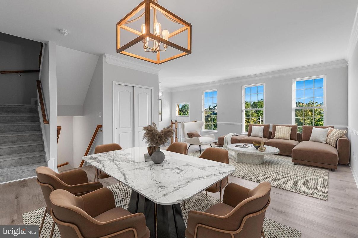 Dining room, Interior, Living room, Pendant Lights, Wood Texture Flooring