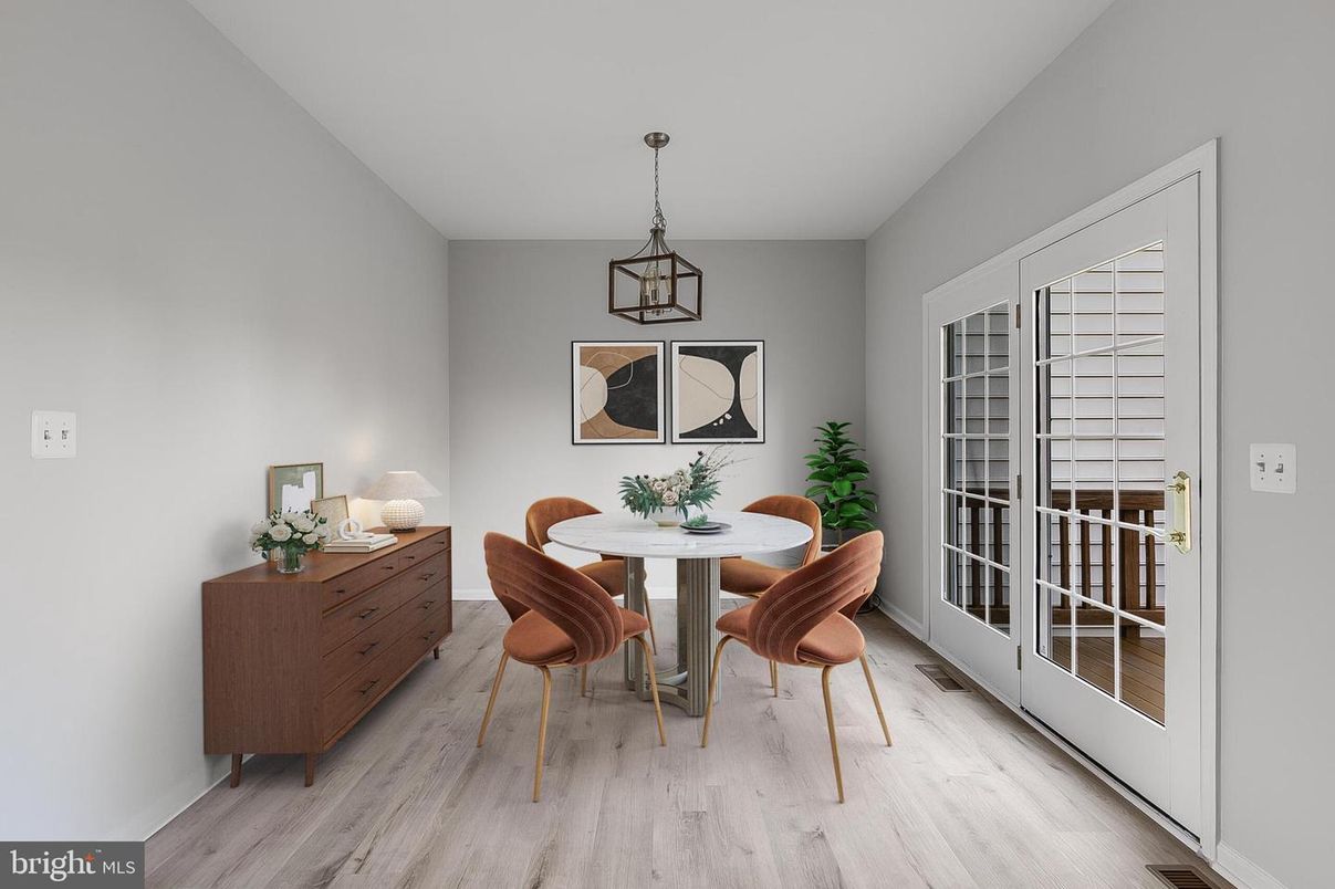 Dining room, Interior, Pendant Lights, Wood Texture Flooring