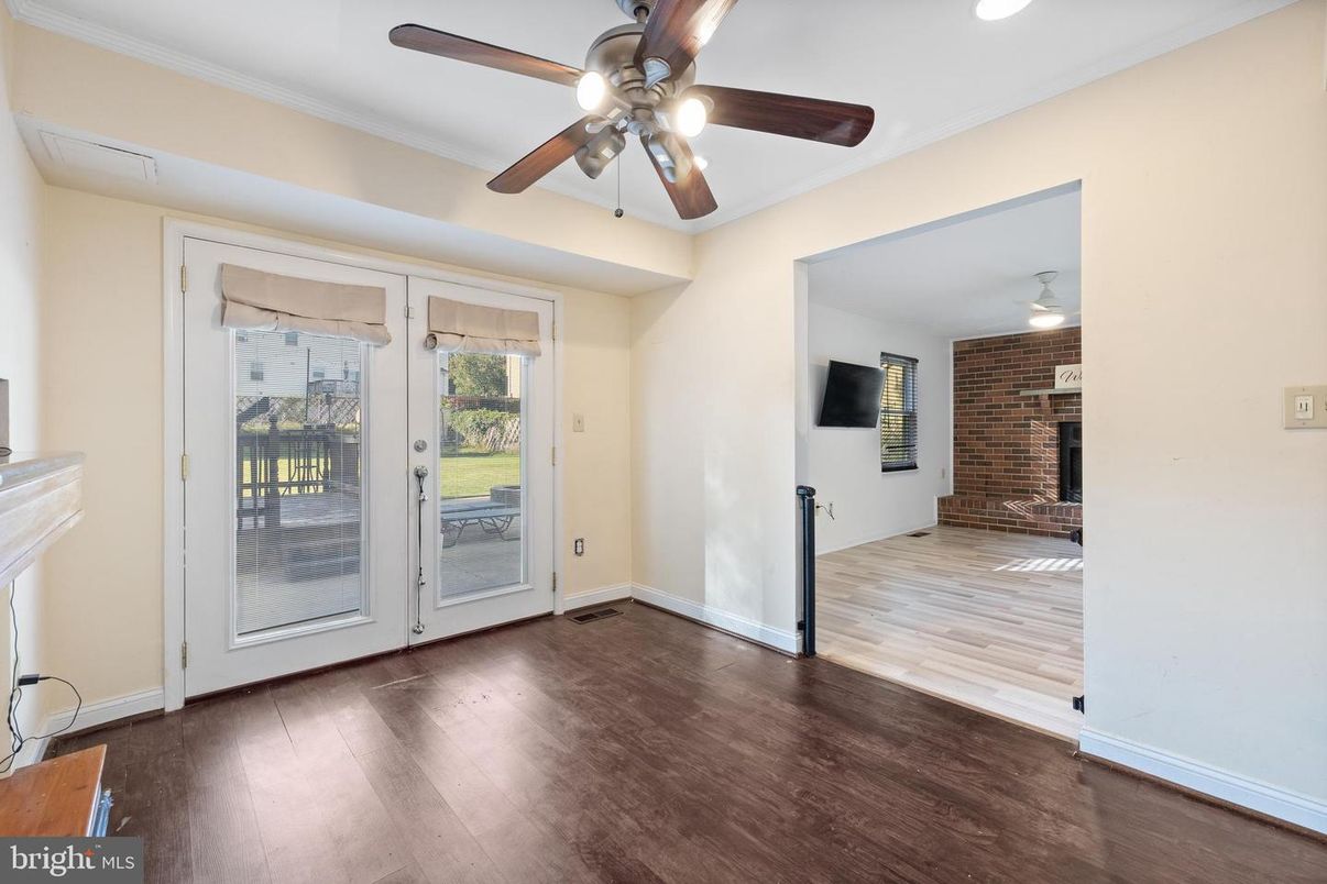 Empty room, Fireplace, Interior, Recessed Lighting, Stone Walls, Wood Texture Flooring
