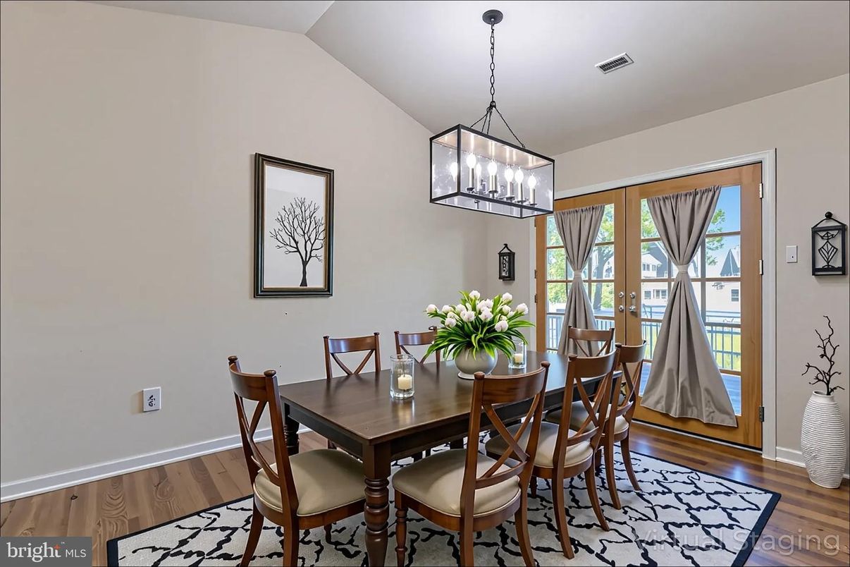 Dining room, Interior, Pendant Lights, Wood Texture Flooring