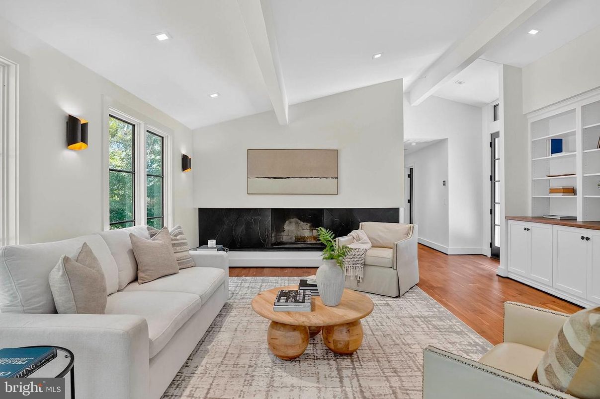 Fireplace, Interior, Living room, Recessed Lighting, Wood Texture Flooring