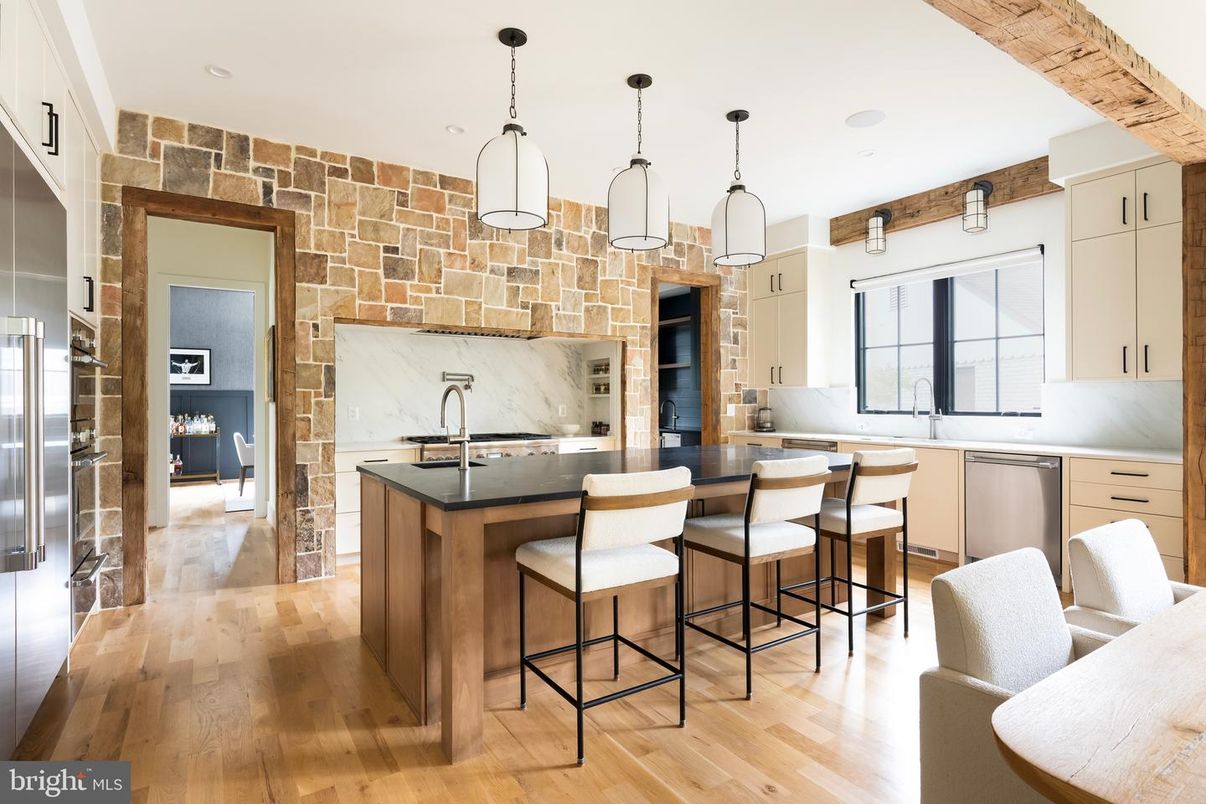 Interior, Kitchen, Pendant Lights, Recessed Lighting, Stainless Steel Appliances, Stone Walls, Wood Texture Flooring
