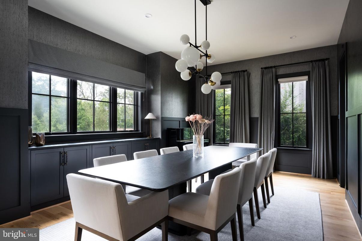 Dining room, Interior, Pendant Lights, Recessed Lighting, Wood Texture Flooring