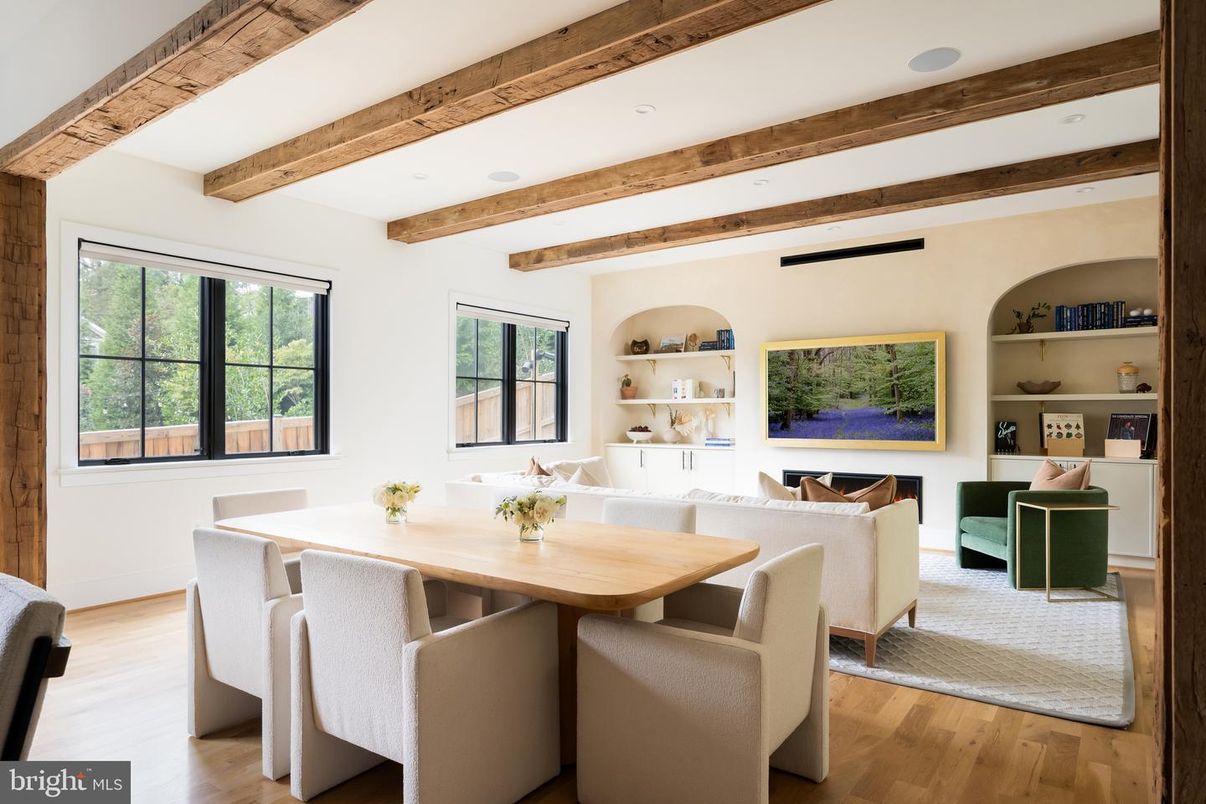 Dining room, Interior, Living room, Recessed Lighting, Wooden Beams, Wood Texture Flooring